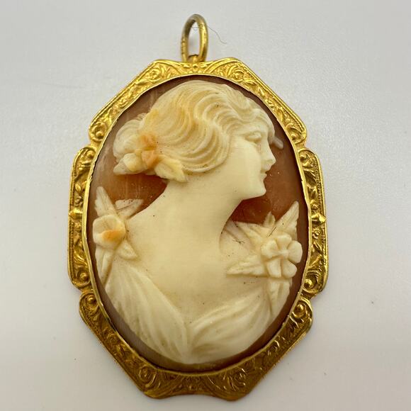 Antique Edwardian 1900s 1910s solid 14kt yellow gold carved shell cameo pendant - Picture 3 of 9